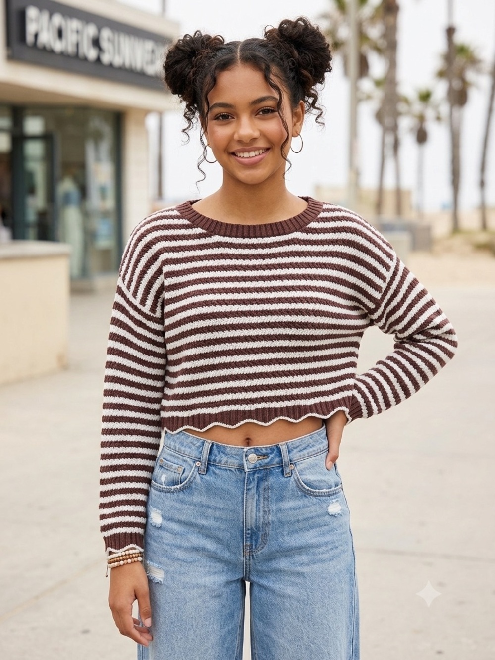 PAC Sun-Striped Cropped Sweater - Brown & Cream